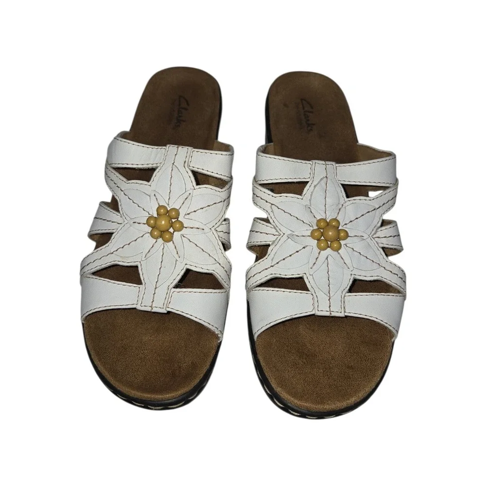 Clarks Lexi Myrtle White Leather Floral Slide Wedge Sandals 65117 Womens 10M